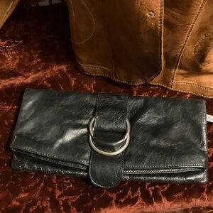 Black Leather Clutch with Silver Buckle HOBO